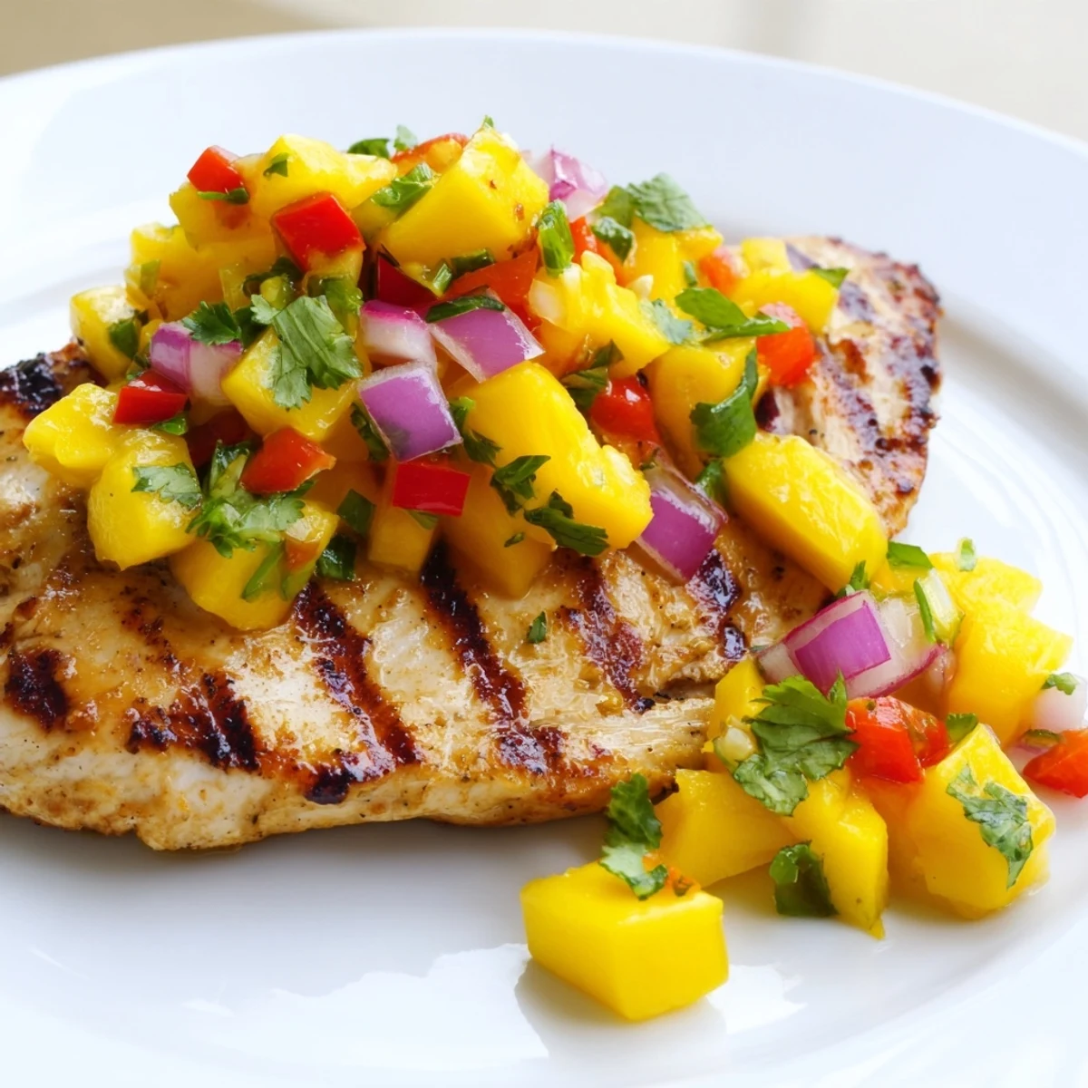 Freshly grilled Mango Salsa Chicken: Juicy chicken topped with vibrant chopped mango and pepper salsa.
