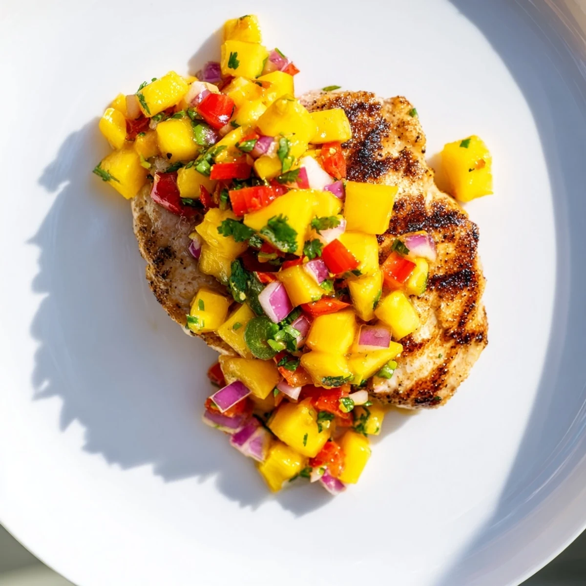 A close-up of beautifully grilled Mango Salsa Chicken, bursting with tropical flavors, perfect dinner.