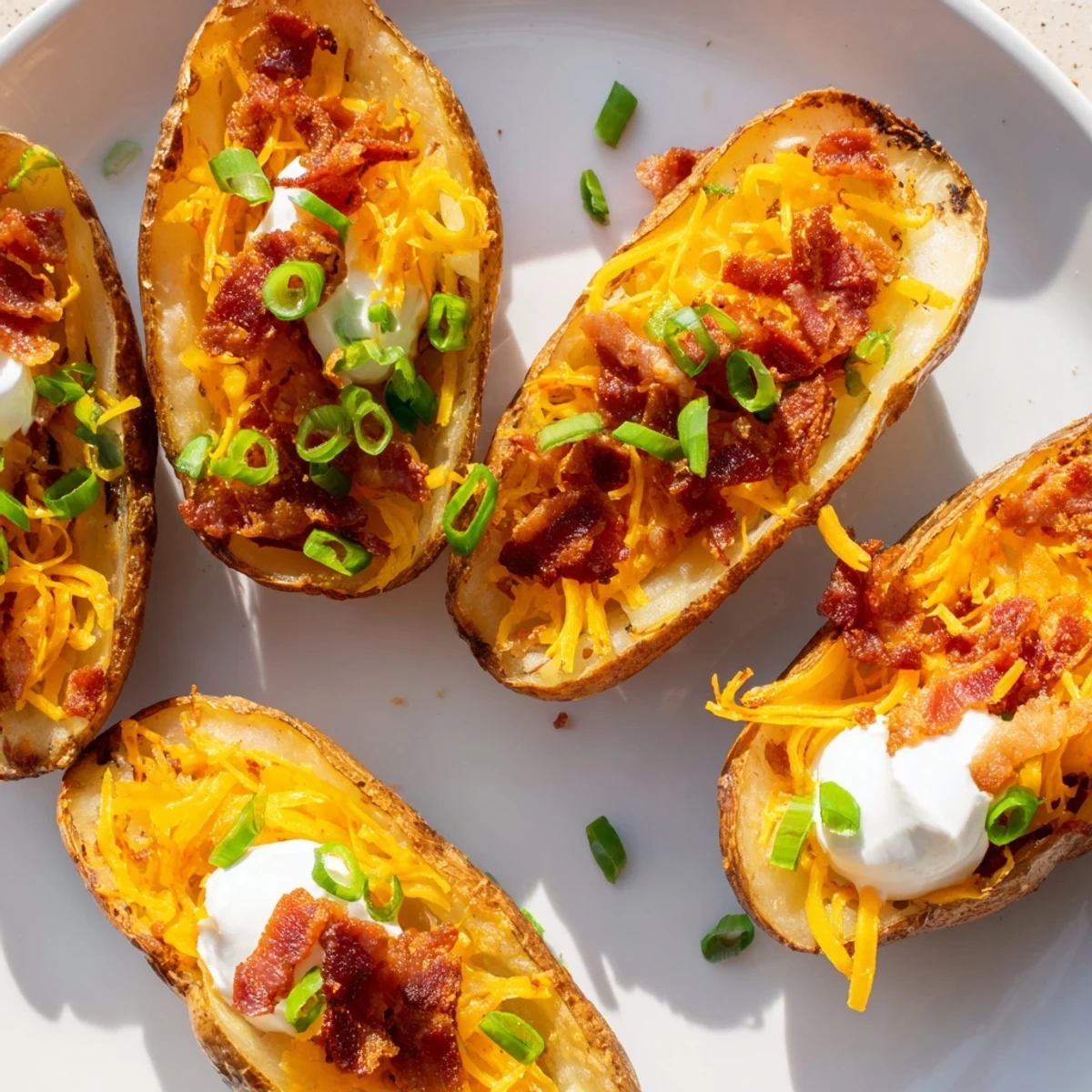 Golden, crispy Loaded Baked Potato Skins, generously topped with melted cheese and bacon.