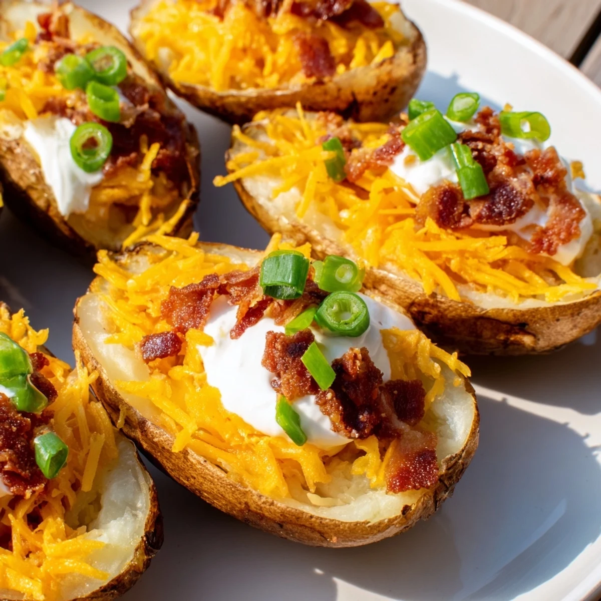 A close-up shot of hot, bubbly Loaded Baked Potato Skins with fresh green onion garnish, ready to eat.