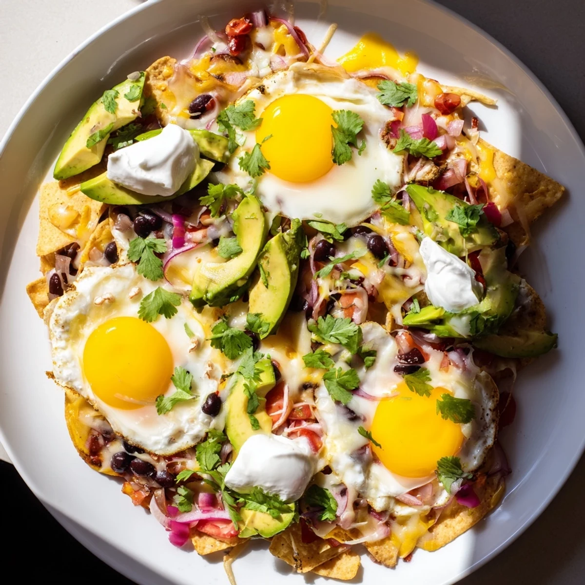 Golden sunshine eggs top these savory Egg-Topped Breakfast Nachos, a Tex-Mex delight.