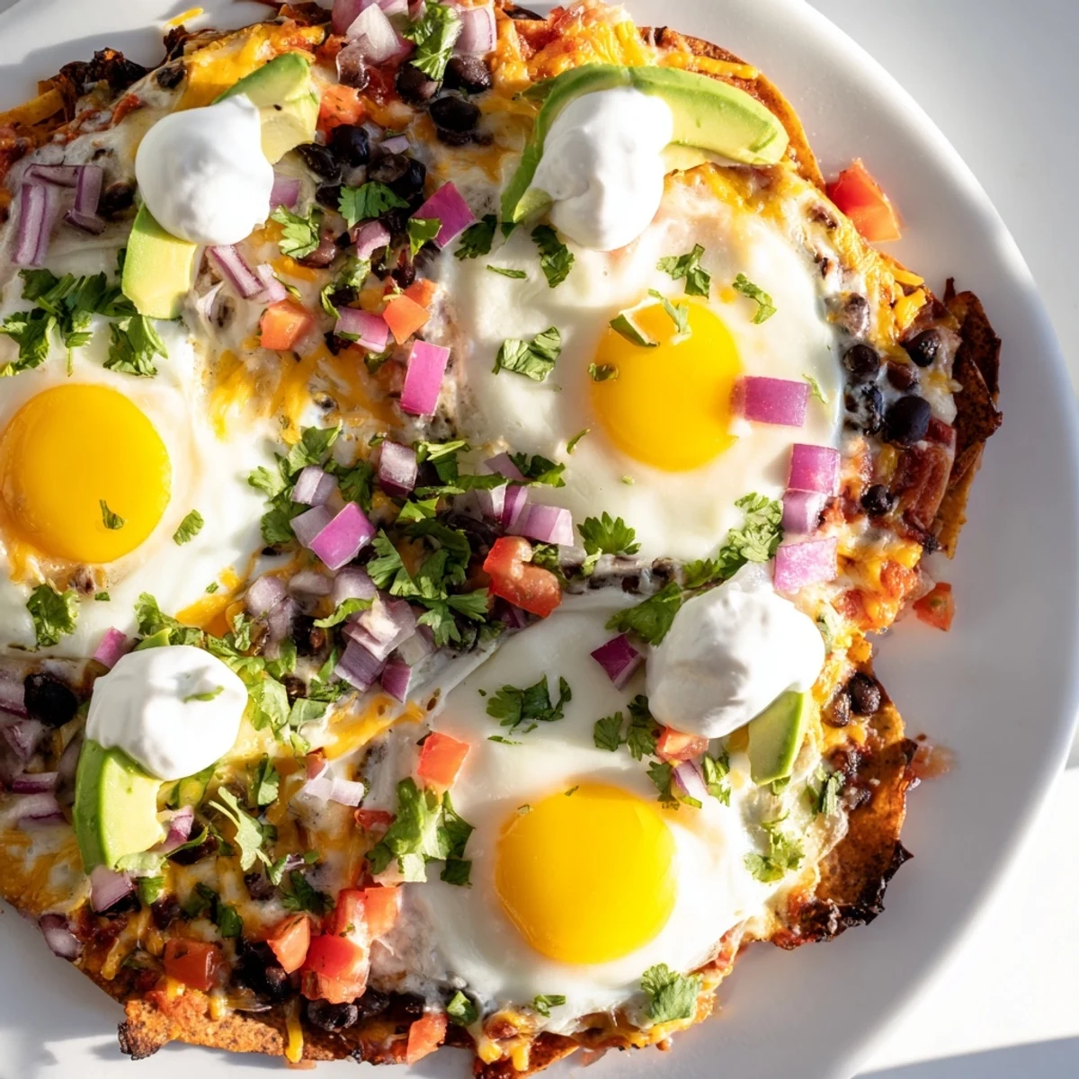 Melted cheese coats crispy tortilla chips in appetizing Egg-Topped Breakfast Nachos, ready to eat.