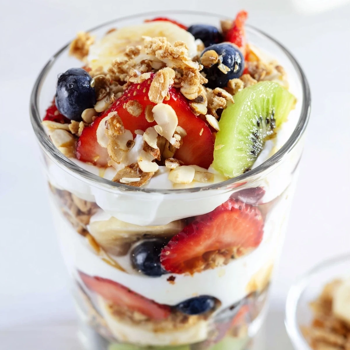 Layered Yogurt Fruit Parfait with fresh berries and crunchy granola, a beautiful, colorful breakfast cup awaits.