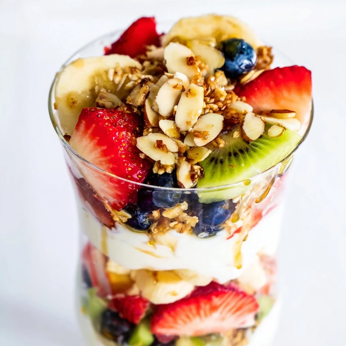 A delightful Layered Yogurt Fruit Parfait featuring creamy yogurt, vibrant fruit, and crispy granola provides a healthy start.