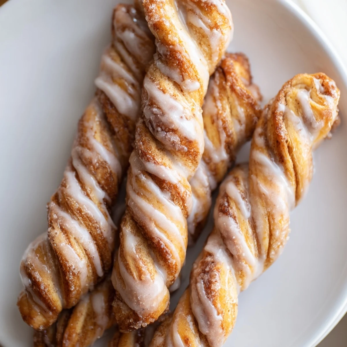 Air-Fryer Cinnamon Roll Twists glistening with glaze, warm from the air fryer, a perfect breakfast.
