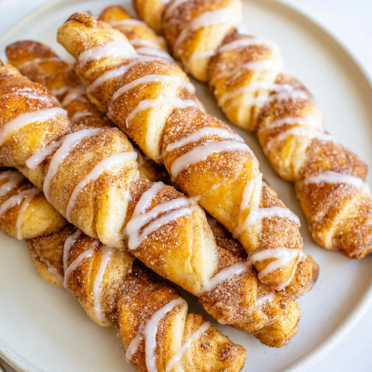 Golden air-fried Air-Fryer Cinnamon Roll Twists, twisted and delicious, ready to enjoy with a cup of coffee.