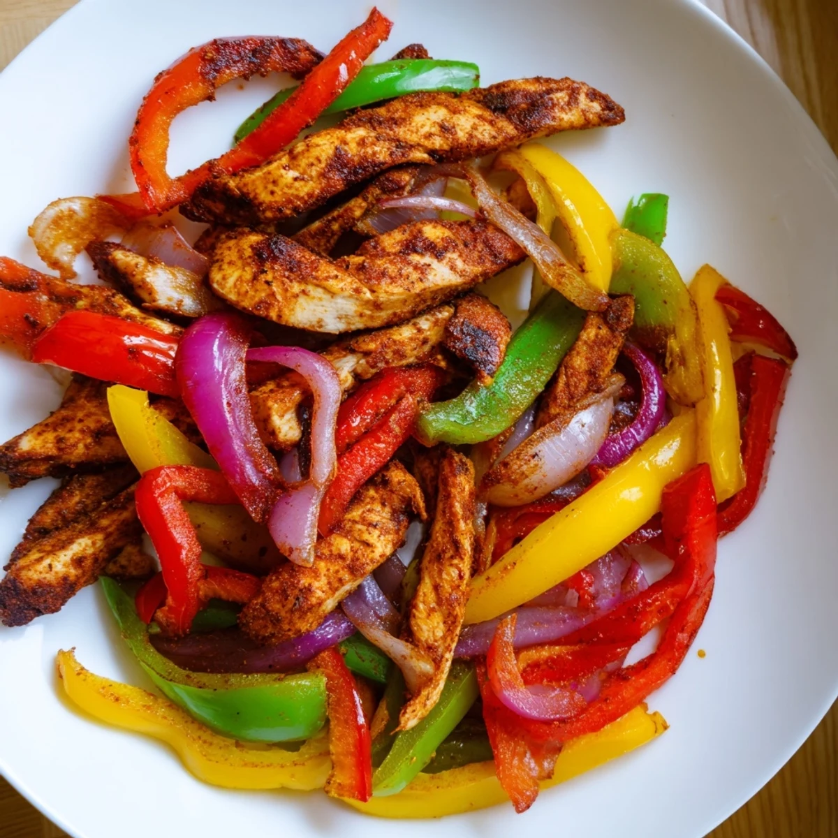 Sheet-pan chicken fajitas with sizzling peppers and onions, ready for wrapping in warm tortillas.