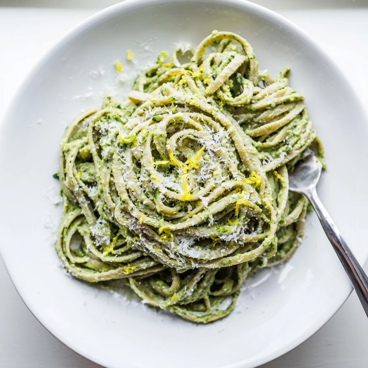 Creamy Avocado Pasta: A visually delightful plate of pasta coated in vibrant green avocado sauce, ready to eat.