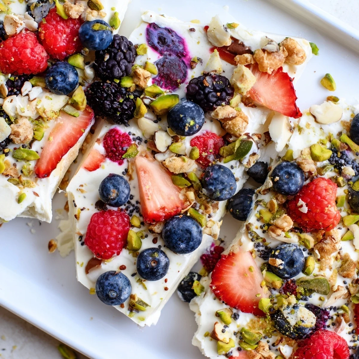 Homemade frozen fruit yogurt bark, a refreshing summer snack, perfect for a quick breakfast.