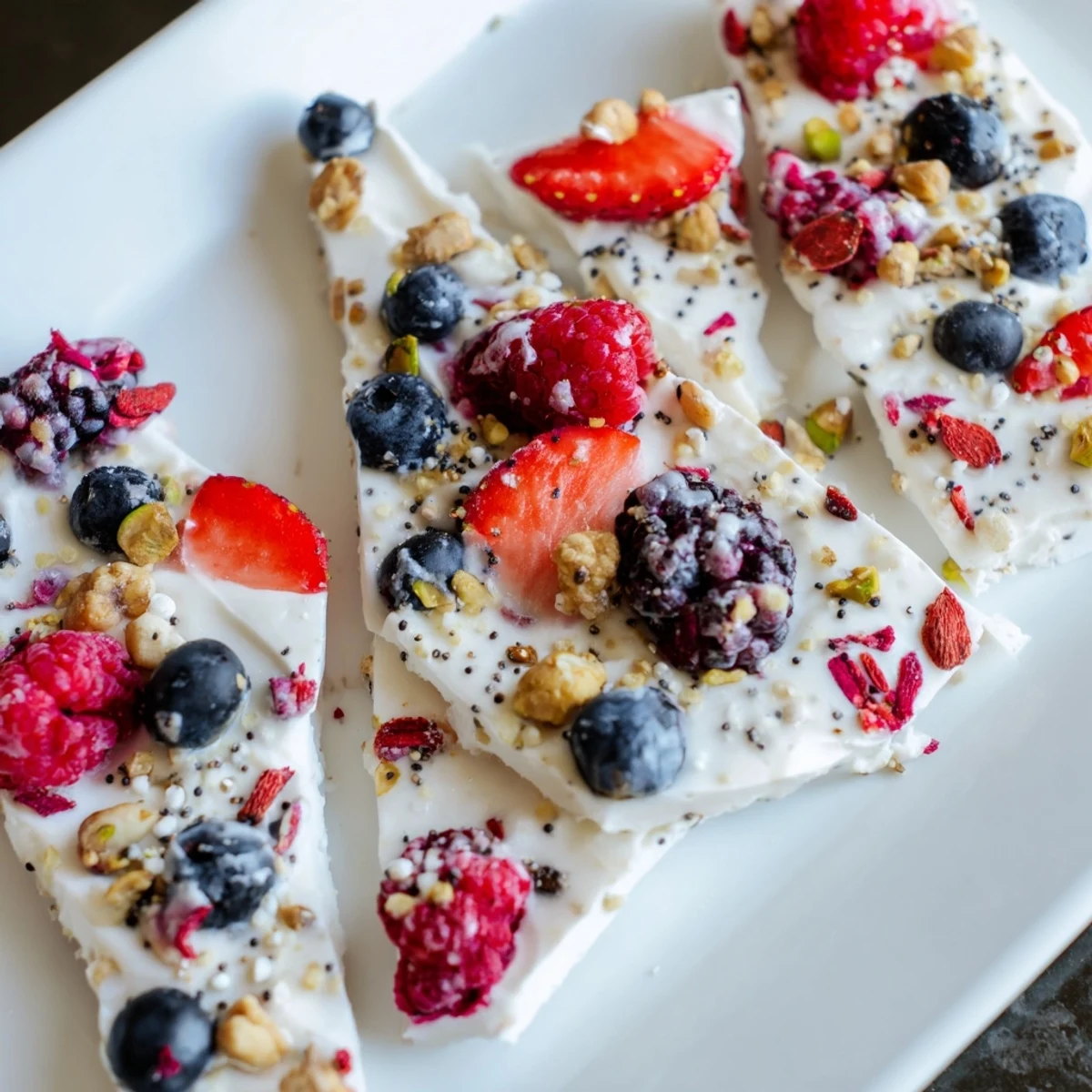 Enjoy a delicious piece of frozen fruit yogurt bark, bursting with berry flavor and creamy yogurt.