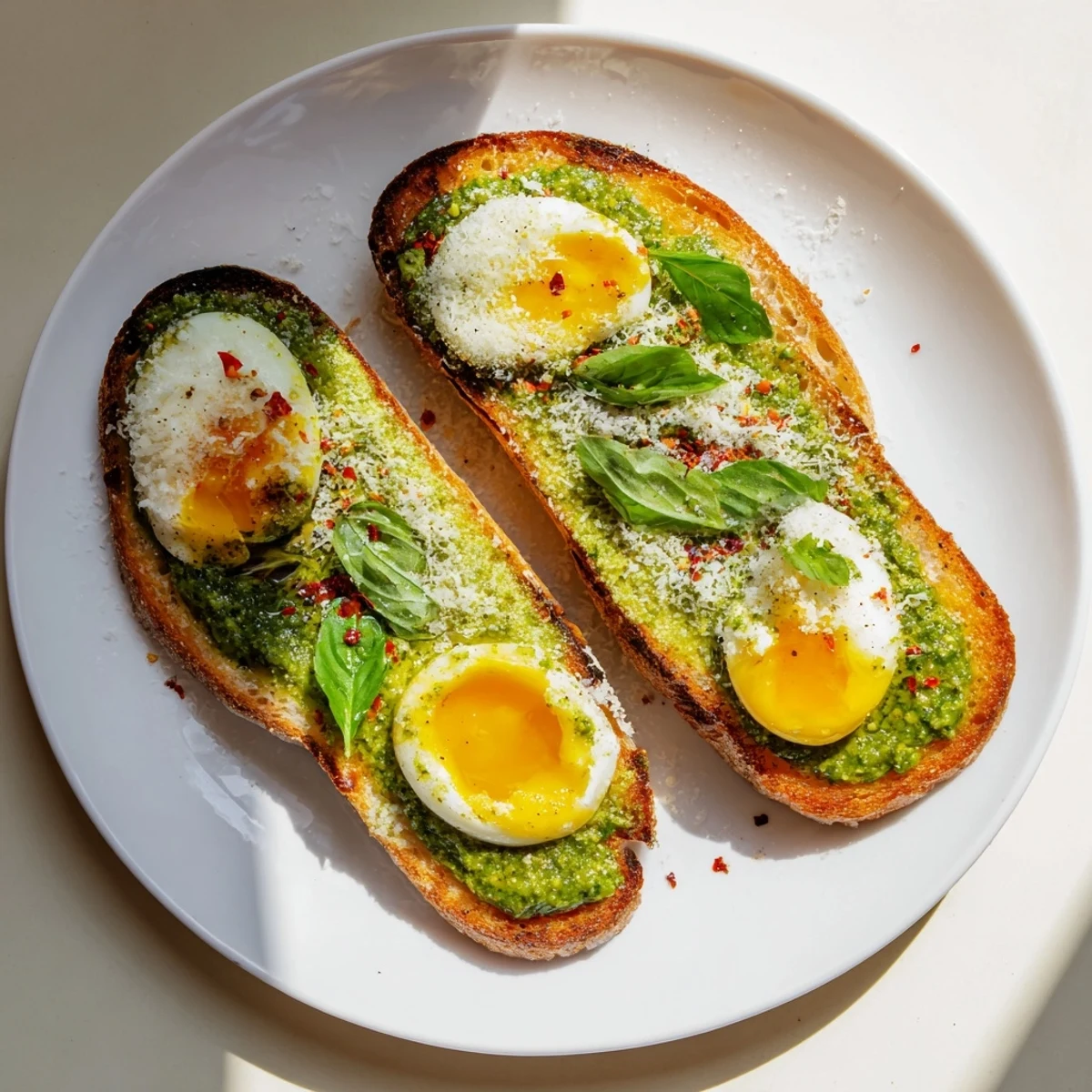 Pesto Egg Toast features vibrant green pesto and perfectly cooked jammy eggs on toasted bread.