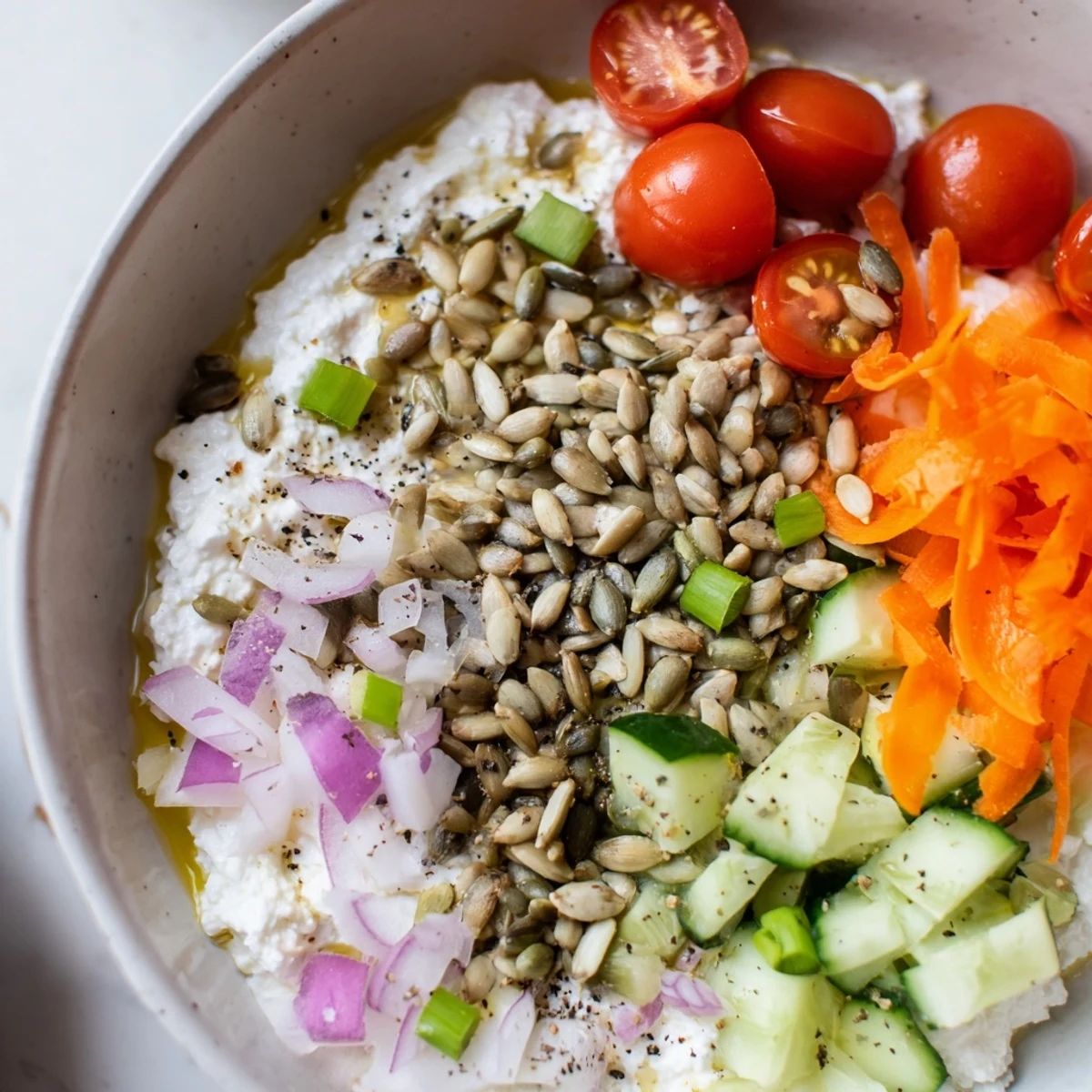 Vibrant cottage cheese snack bowl with fresh vegetables, sunflower seeds, a delicious high-protein recipe.
