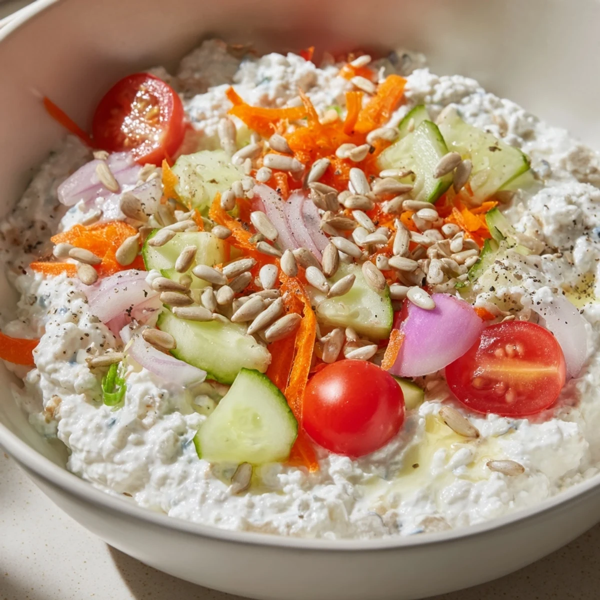 Enjoy this easy, high-protein cottage cheese remix—a flavorful snack bowl with healthy ingredients.