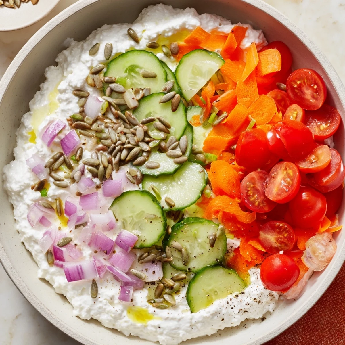 A close-up of a cottage cheese snack bowl, showing a creamy base, topped with colorful veggies.