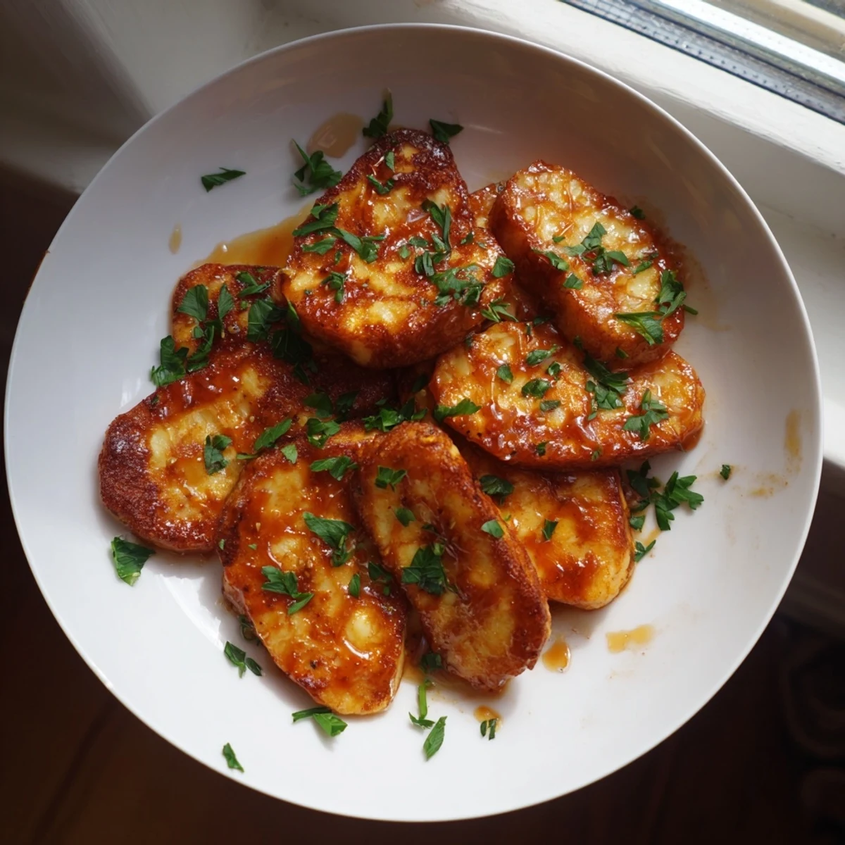 Golden brown Hot Honey Halloumi, crispy and drizzled with a sweet and spicy honey glaze.