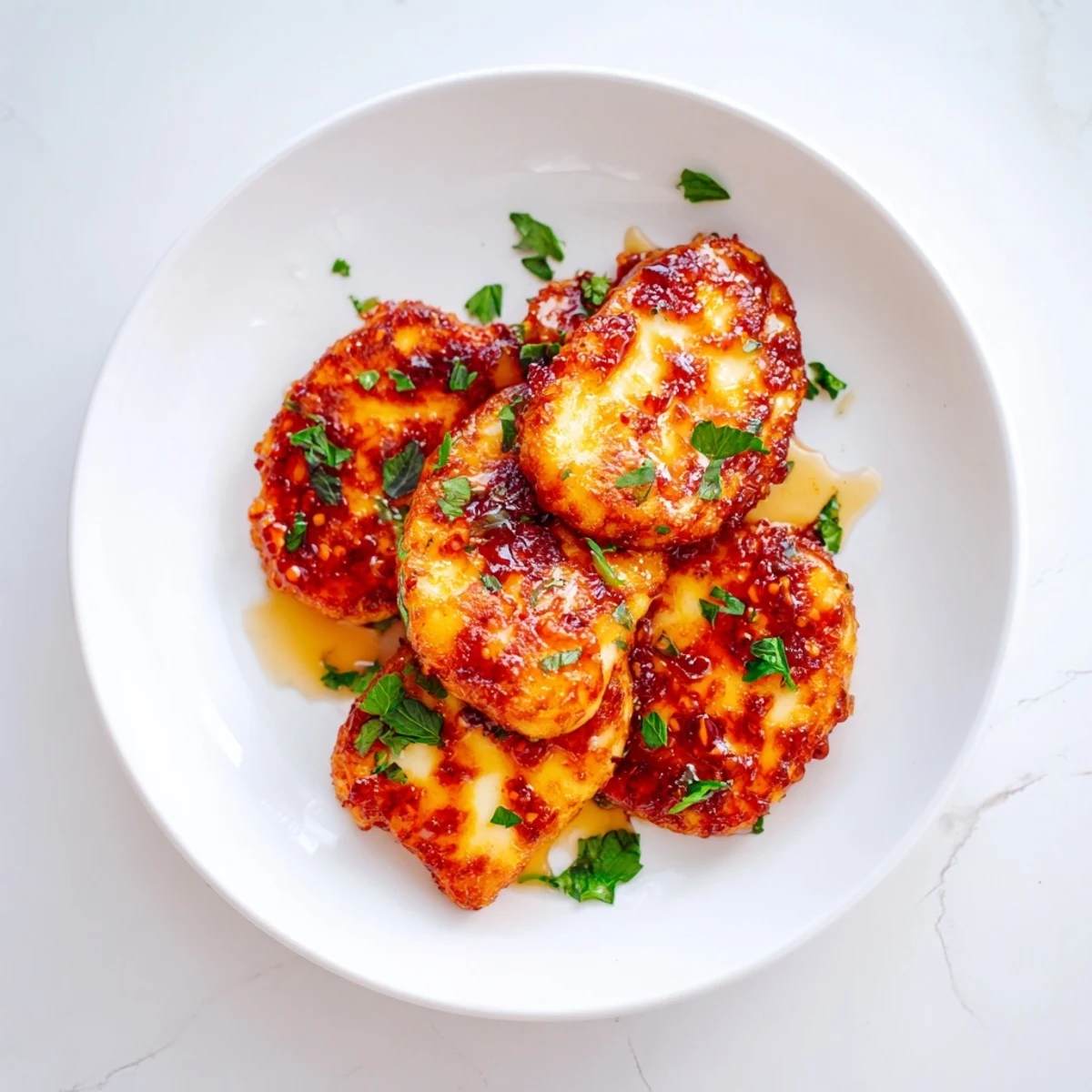 Vibrant appetizer of fried Hot Honey Halloumi, garnished with parsley and lemon wedges.