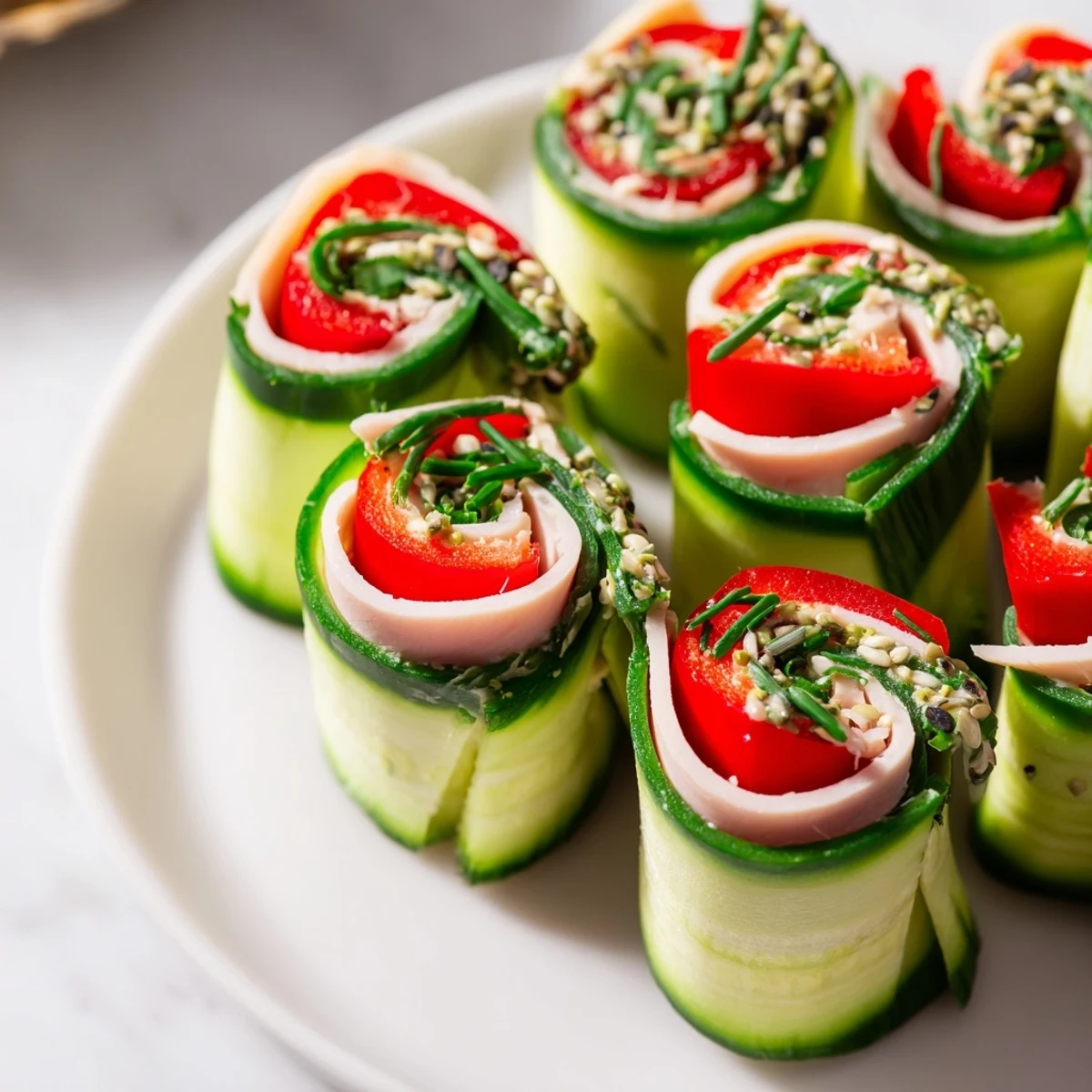 Fresh Cucumber Roll-Ups showcasing colorful deli meats and creamy filling, a refreshing low-carb snack ready to eat.