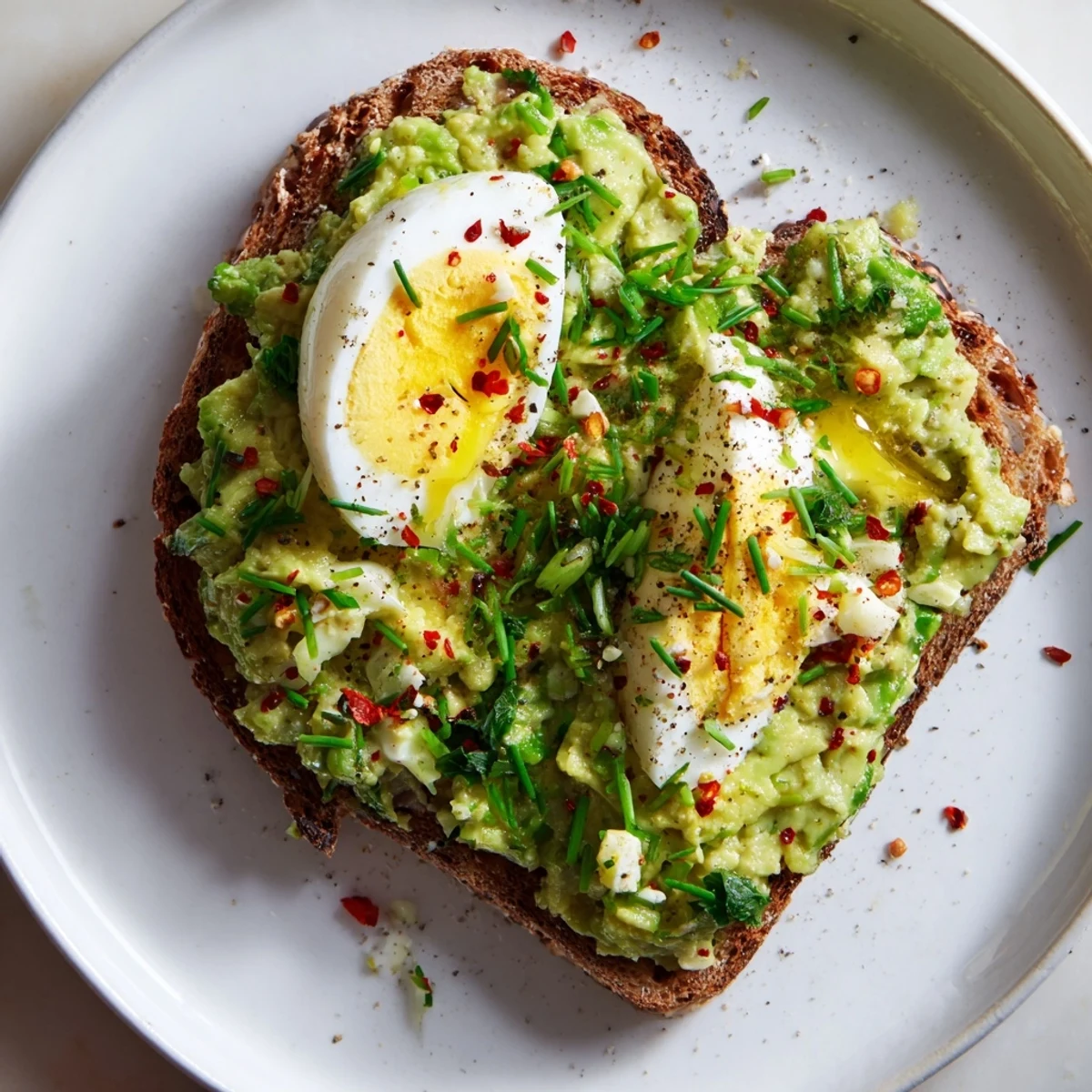 Freshly made avocado egg smash on toasted bread, garnished, ready for a delicious breakfast.