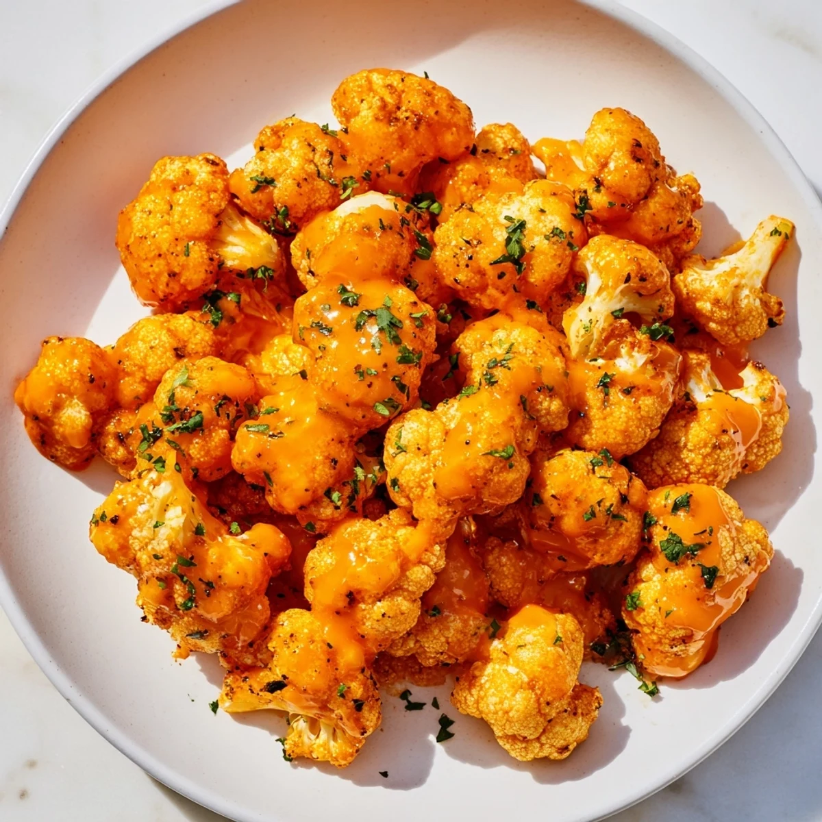 Golden and crispy Buffalo Cauliflower Bites, coated in fiery sauce, ready to be served.