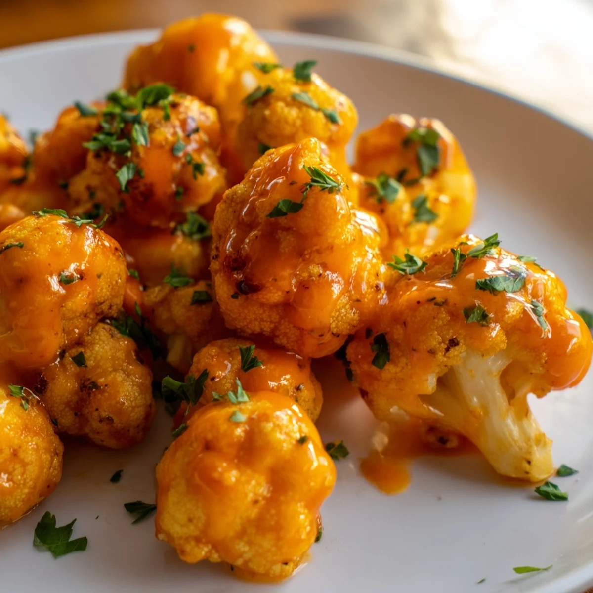 A close-up shot of fiery Buffalo Cauliflower Bites; plant-based and appealing appetizer.