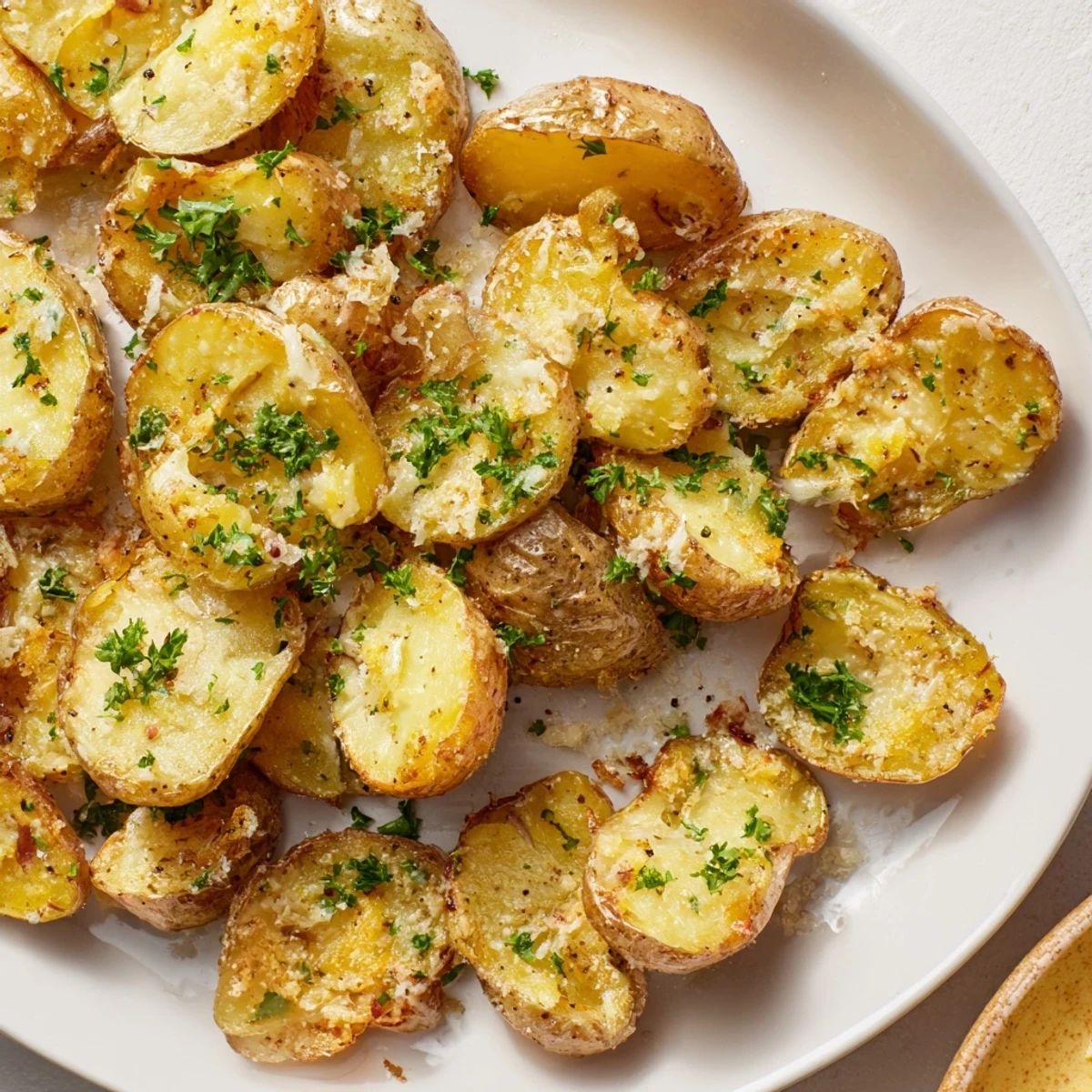 Golden, crispy Garlic Parmesan Potatoes freshly baked, ready to serve as a tasty side dish.