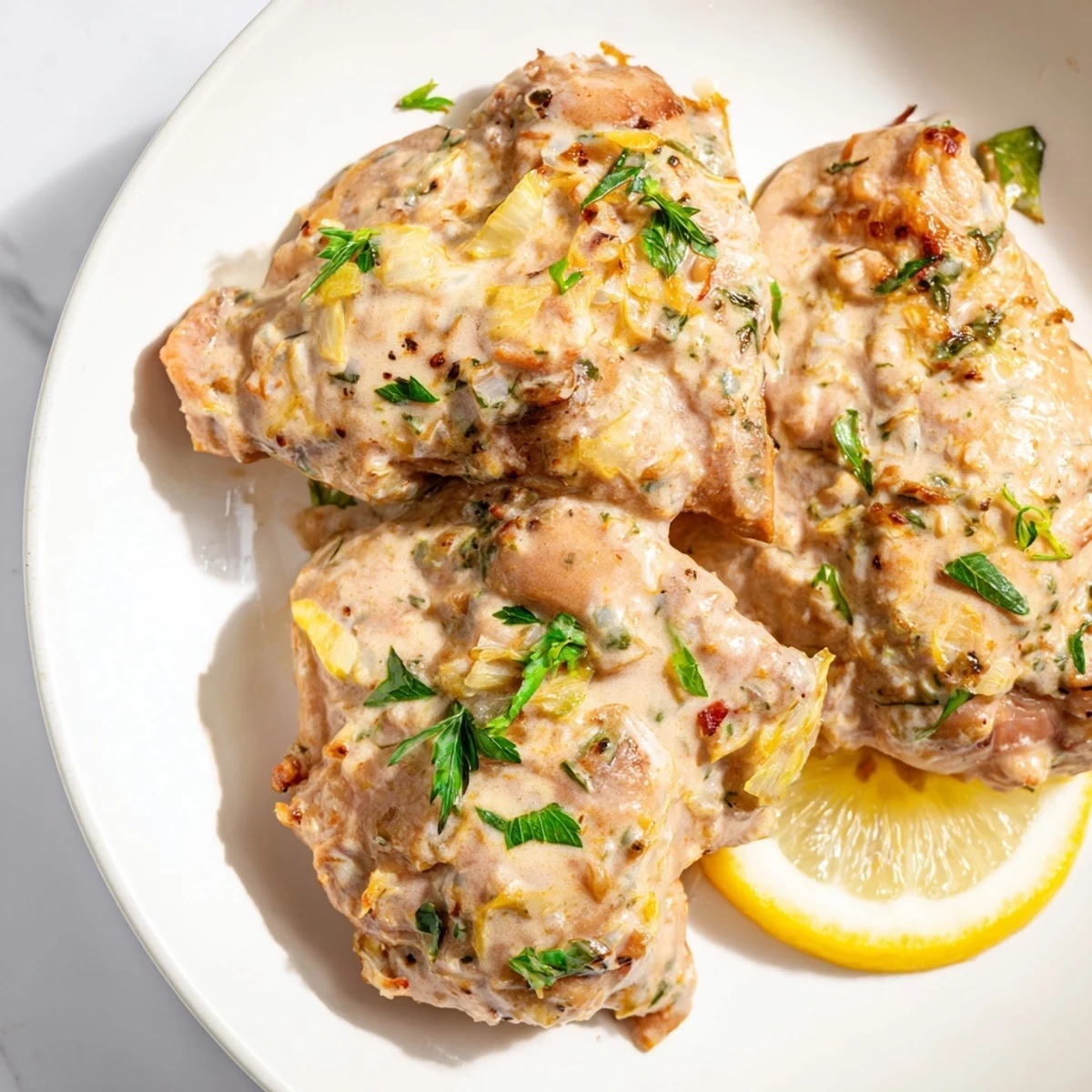 Juicy Greek yogurt chicken, served with fresh parsley and lemon wedges for a bright flavor.