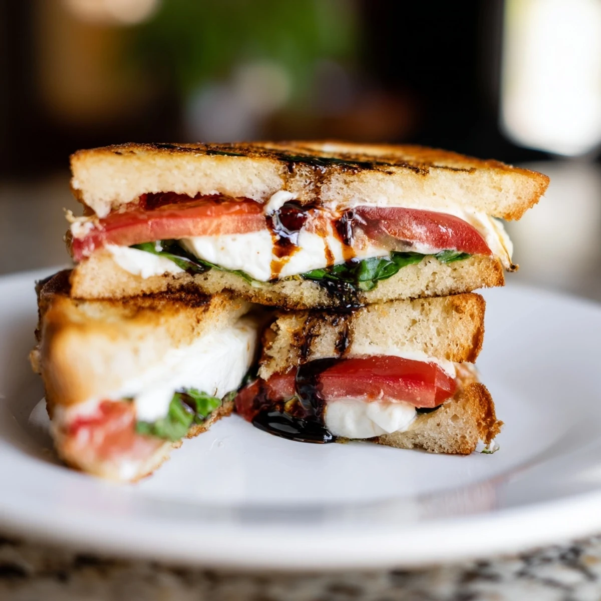 Golden, bubbly Caprese Salad Grilled Cheese with melted mozzarella and ripe tomatoes, perfectly grilled.
