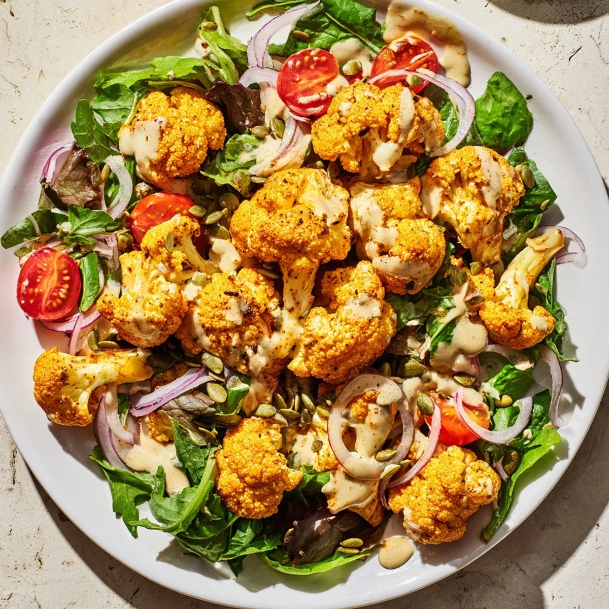 Golden, crispy cauliflower florets in this photo star in a vibrant Crispy Cauliflower Salad.