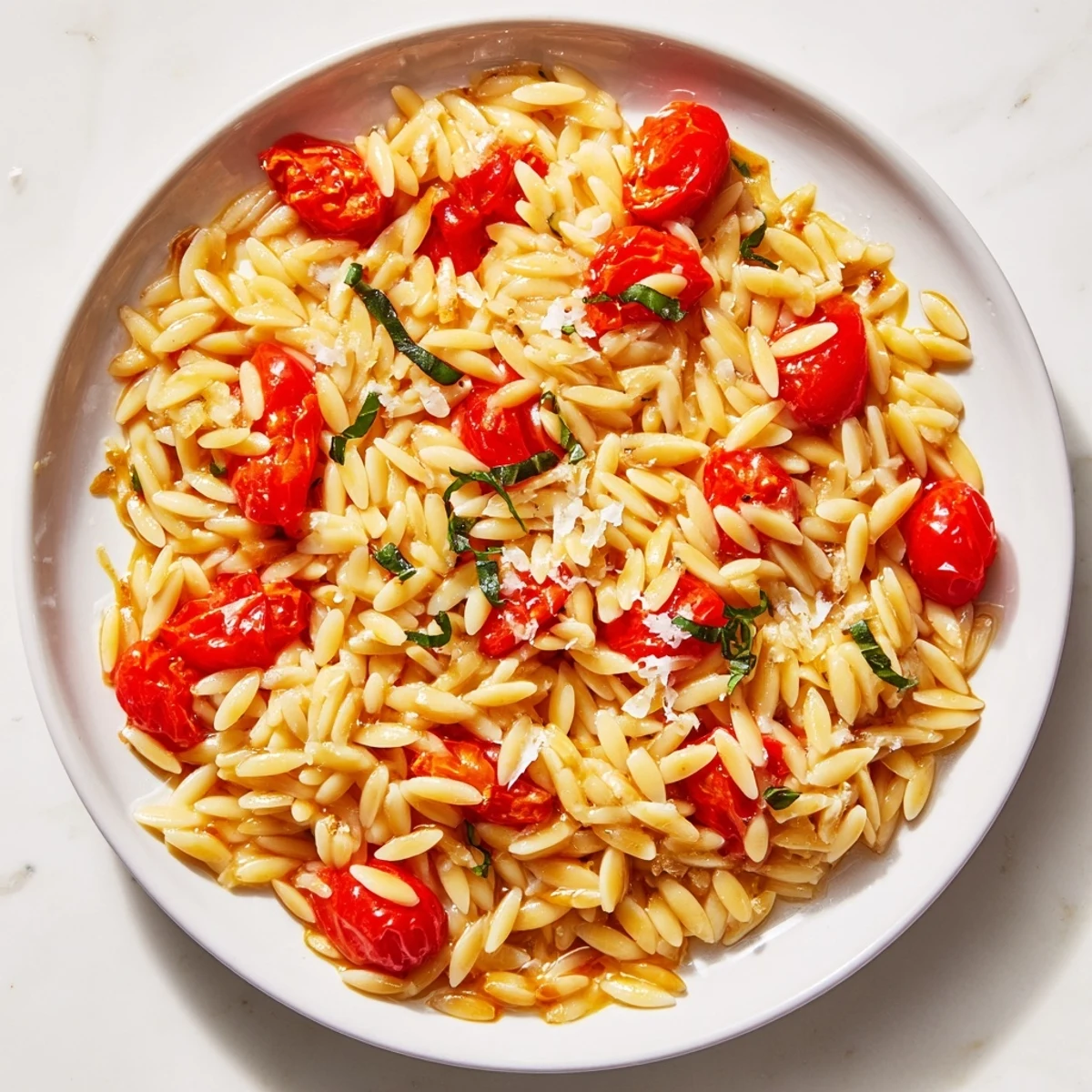 Fragrant orzo tomato Parmesan: A warm bowl of pasta with bright red tomatoes and grated cheese.