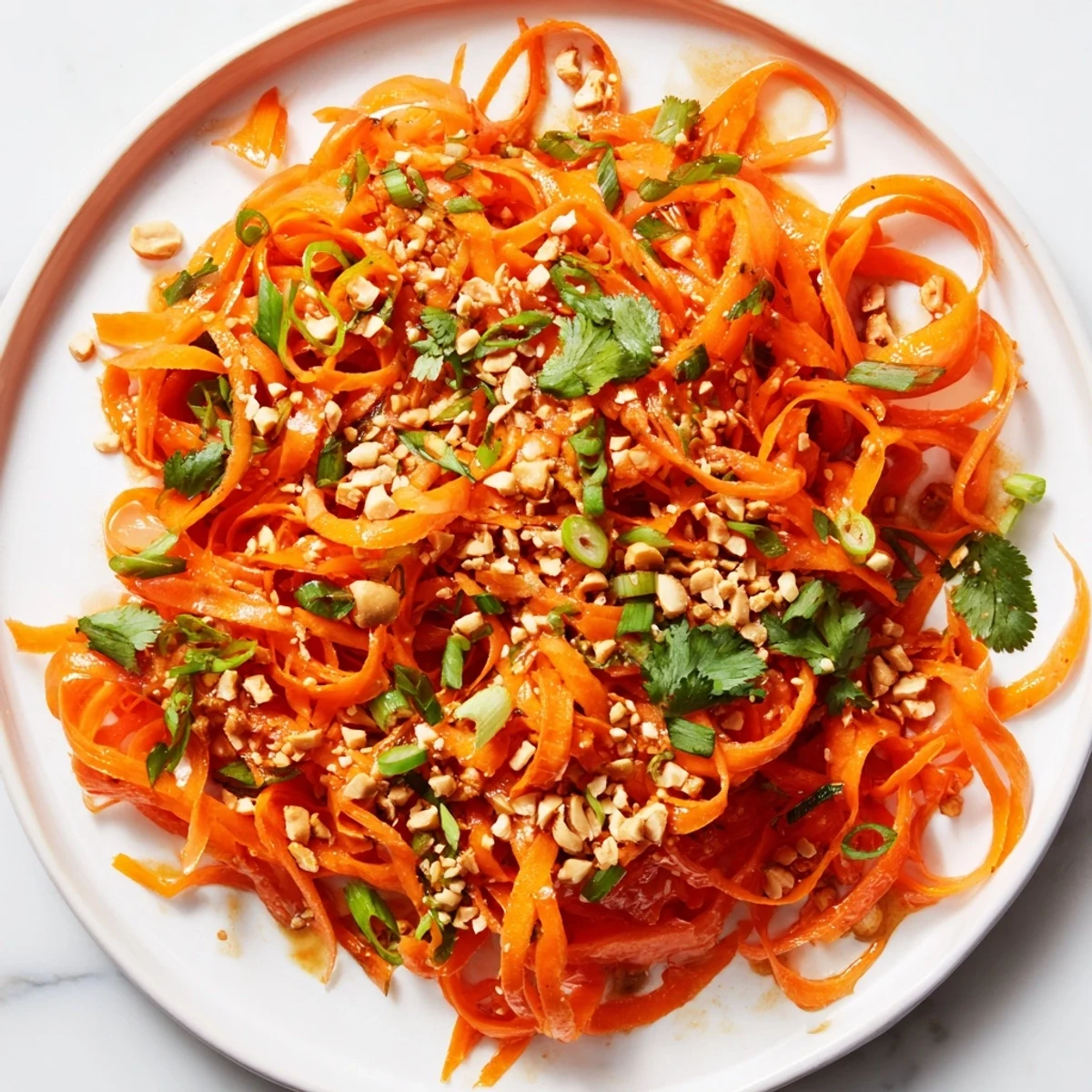 Vibrant Spicy Carrot Salad is tossed with a zesty, Asian-inspired dressing and sprinkled with sesame seeds.