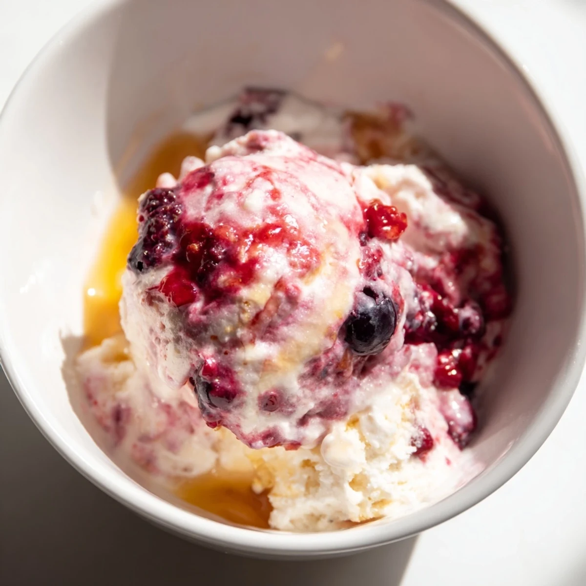 A bowl of homemade Cottage Cheese Ice Cream, thick and blended with berries, a delicious low-sugar dessert.