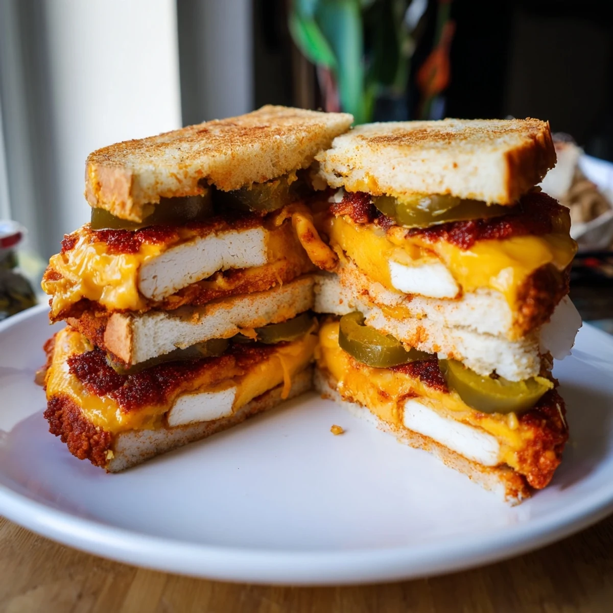 Golden slices of crispy, spicy tofu grilled cheese, oozing with melted vegan cheddar cheese.
