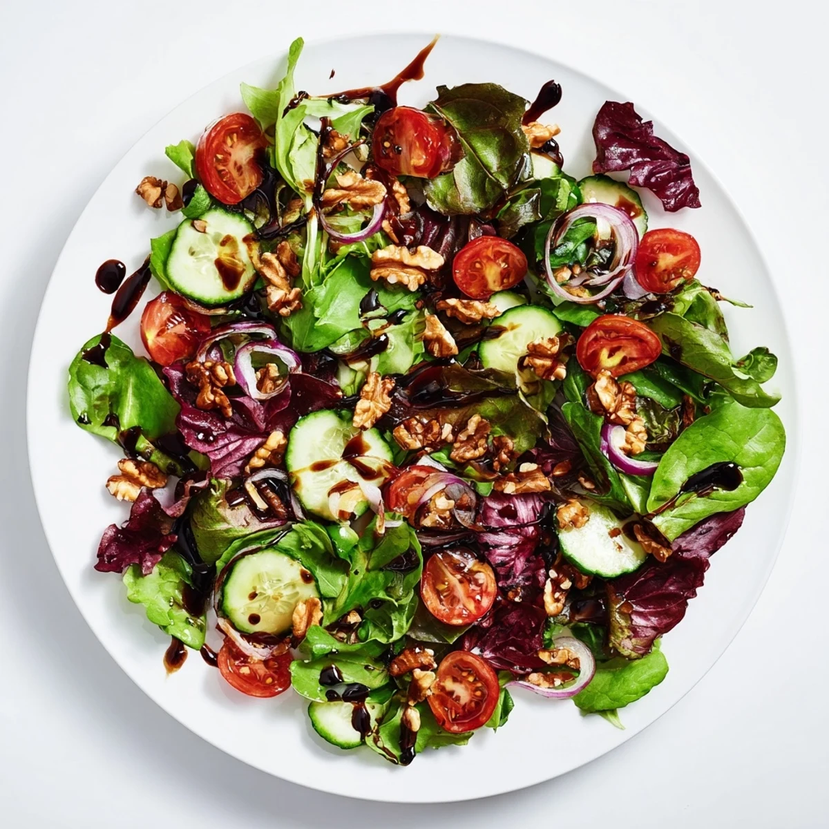 A close-up of a Quick Balsamic Vinegar Salad, showcasing the fresh greens and balsamic glaze's richness.