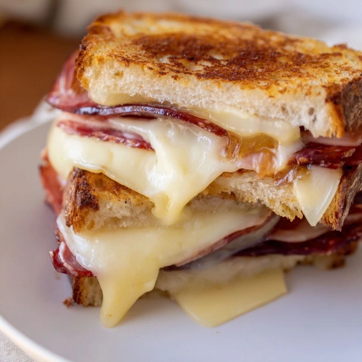 Charcuterie Grilled Cheese with melted cheese oozing from a golden, crispy artisan sandwich.