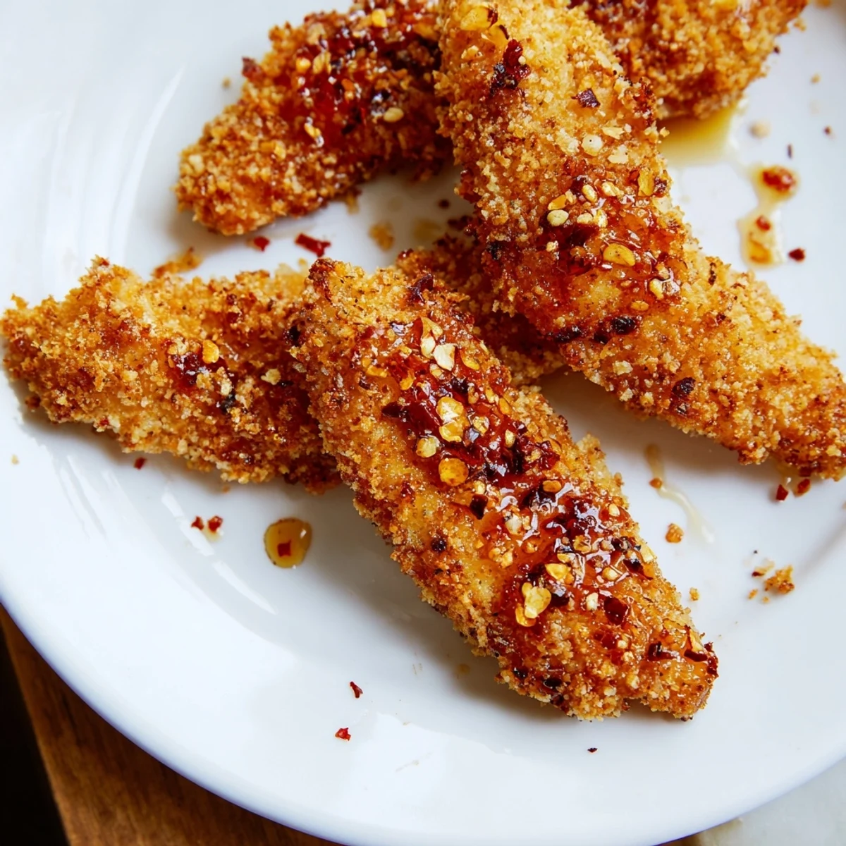 Golden-brown crispy panko chicken tenders drizzled with fiery hot honey, ready to savor.