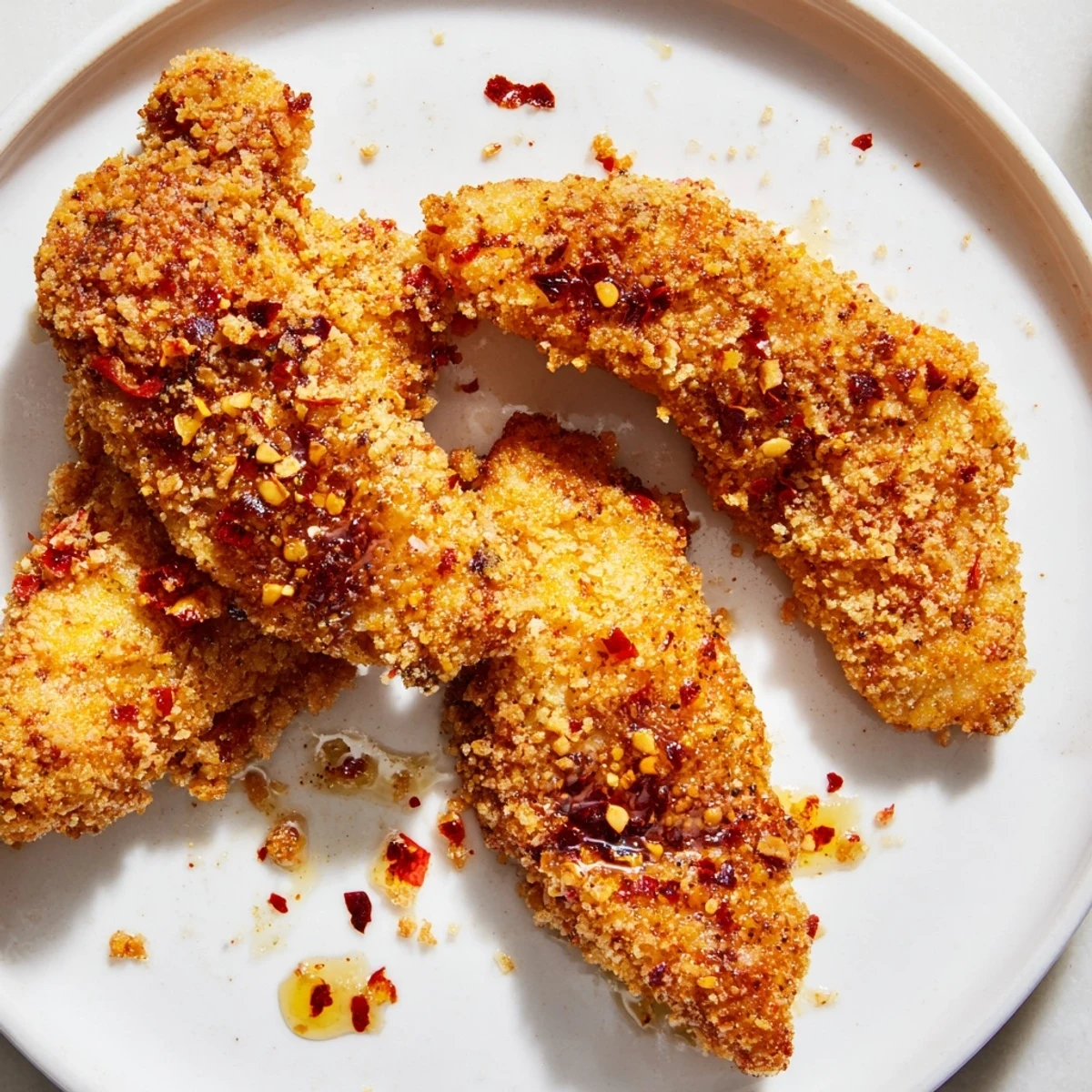 Close up shot of juicy crispy panko chicken tenders with drizzle of hot honey sauce.