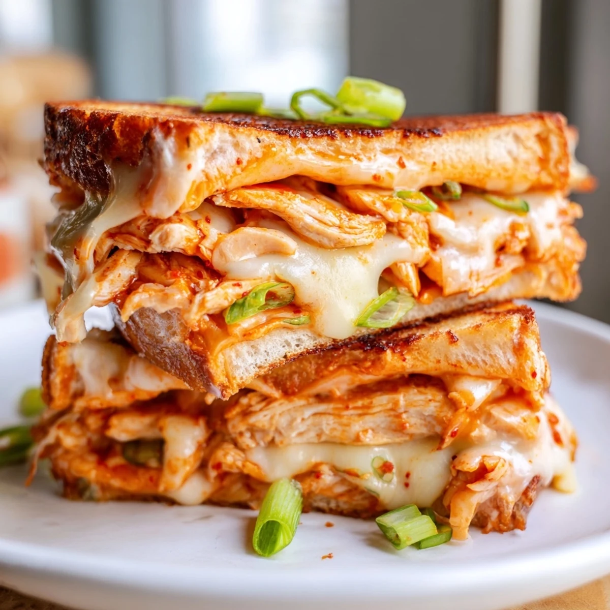 Enjoy a spicy, cheesy bite! This Gochujang Mayo Chicken Sandwich grilled cheese looks so incredibly delicious.