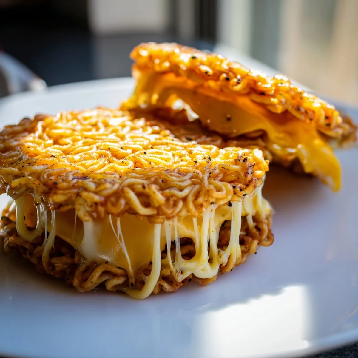 A melted cheese pull from a golden Ramen Grilled Cheese, ready for a satisfying bite.