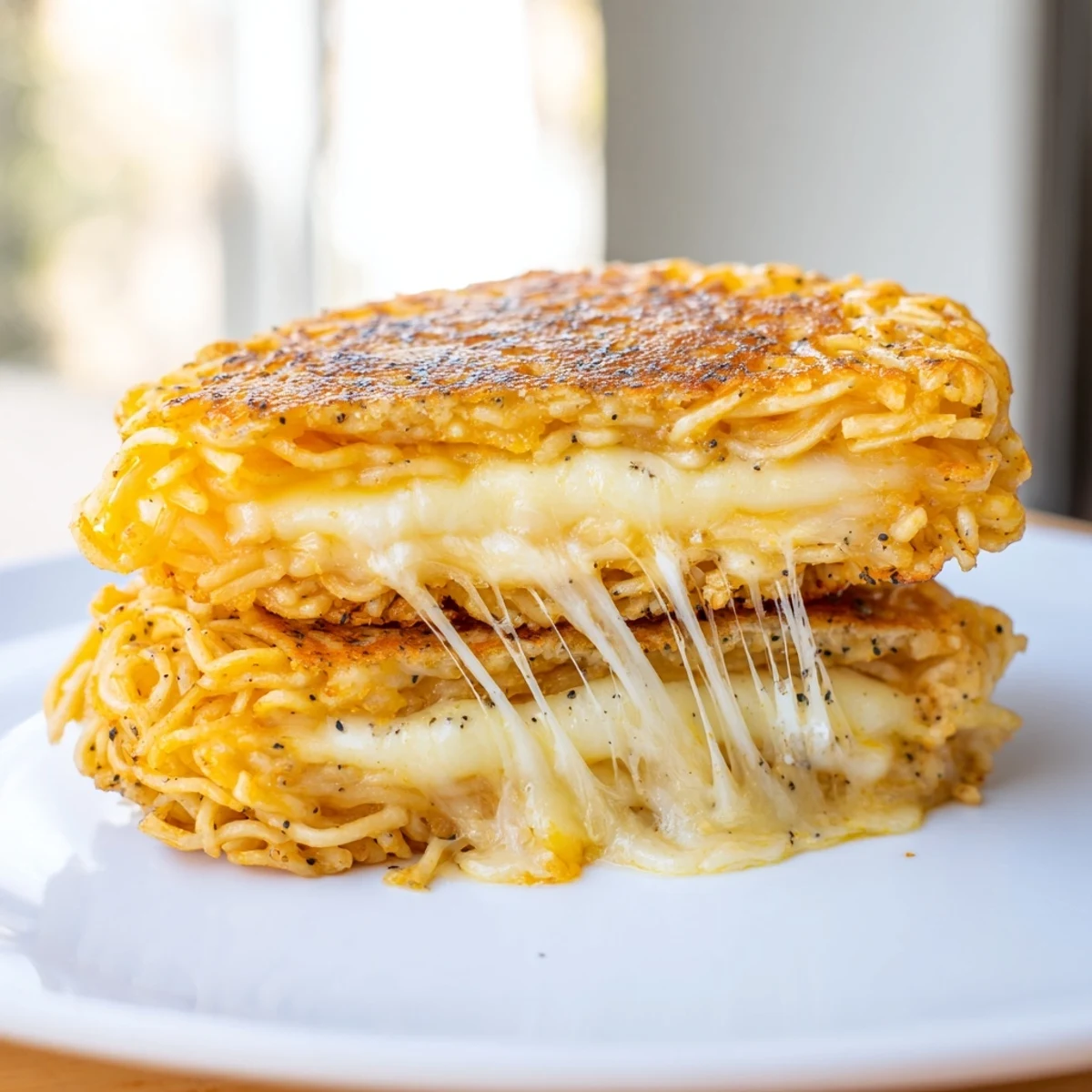 Crispy ramen buns sandwich gooey melted cheese in this comforting Ramen Grilled Cheese recipe.