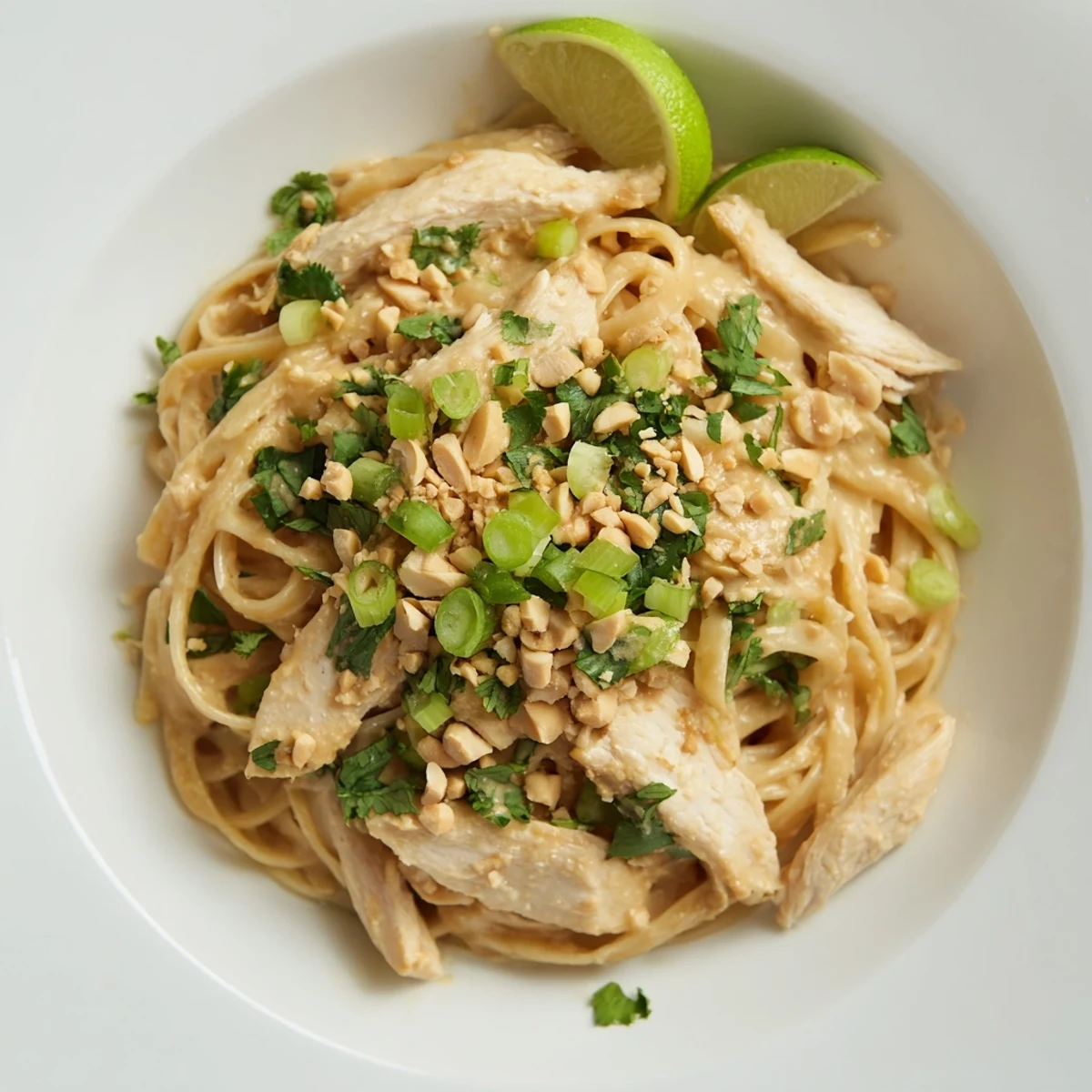 Steaming bowl of Thai Peanut Chicken Pasta, fragrant with herbs and ready to serve.