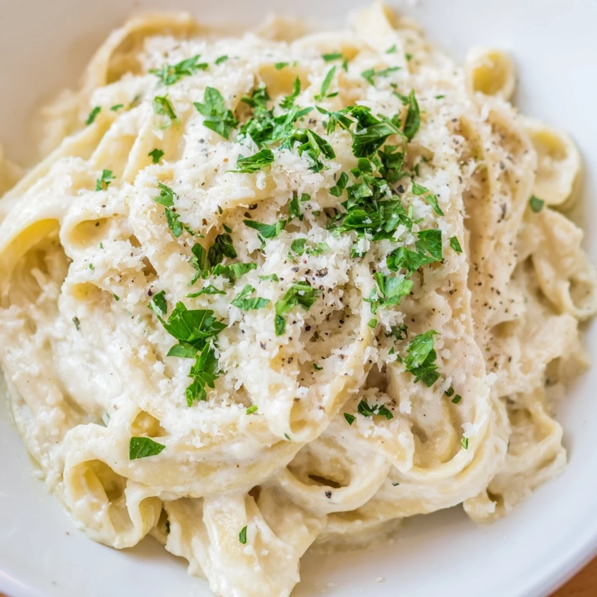 A bowl of fresh Cottage Cheese Alfredo Sauce, garnished with parsley, ready for a satisfying Italian meal.