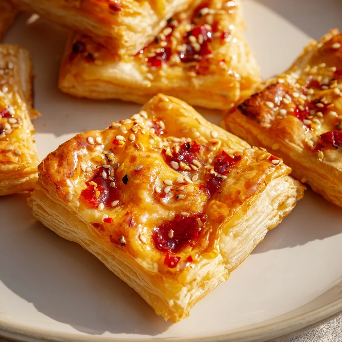Close-up of baked Chili Crisp Honey Brie Bites, showcasing oozing Brie with a chili crisp and honey glaze.
