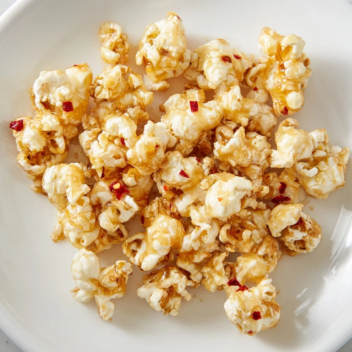 Golden, glistening Hot Honey Butter Popcorn, perfectly coated with a delightful sweet and spicy flavor.