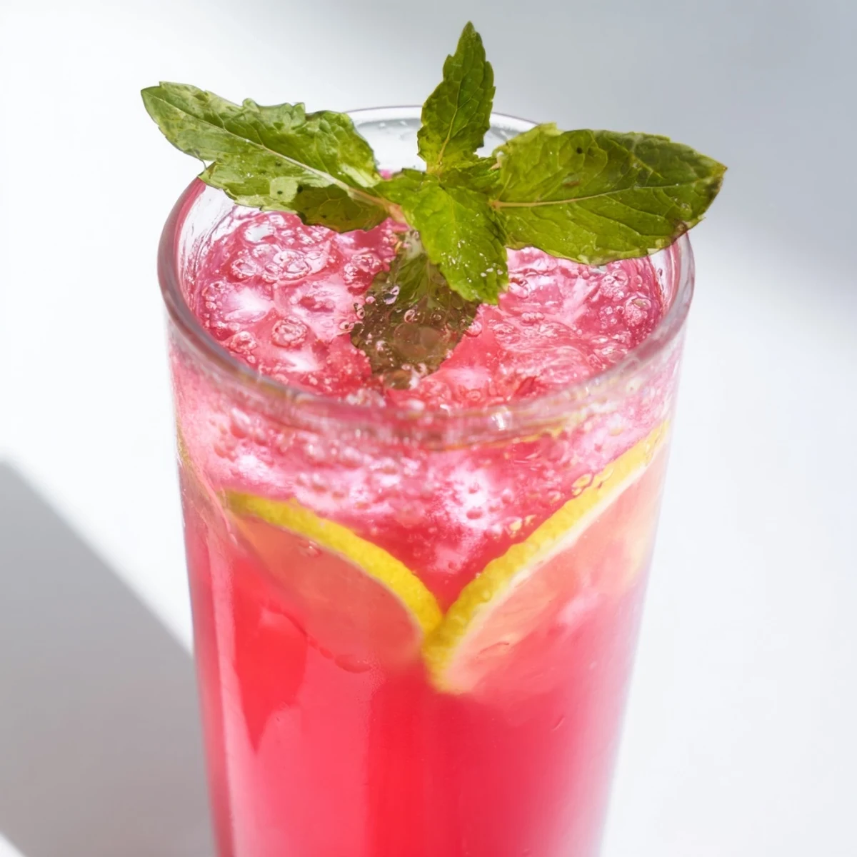 Bright pink DIY fruit refresher drinks with fresh strawberry slices, the perfect summer cooler.