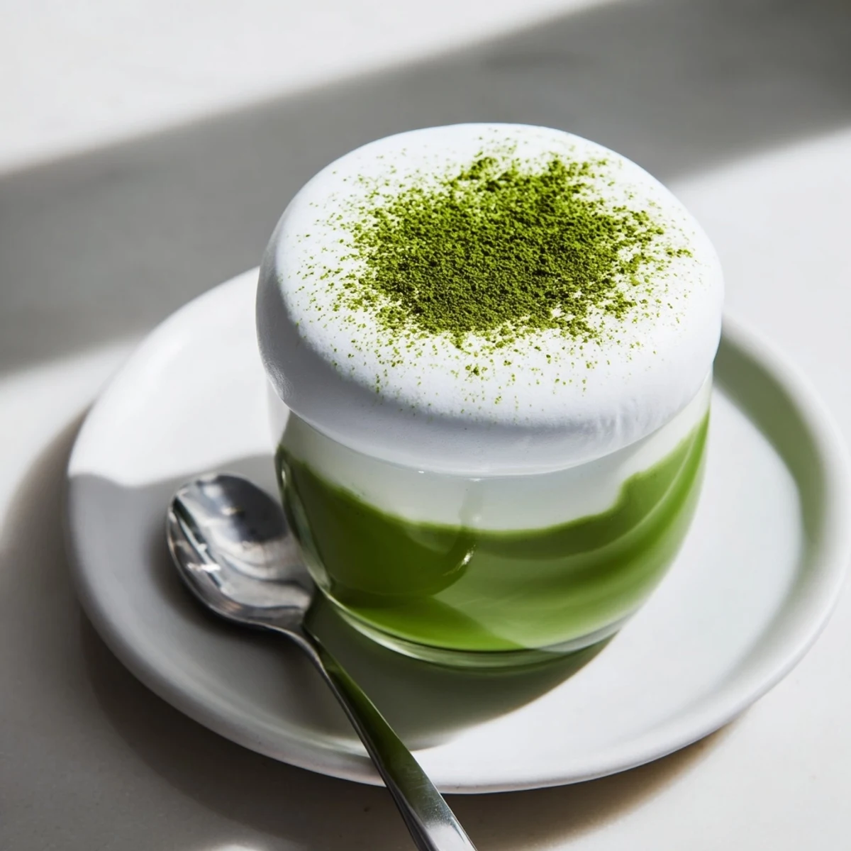 A freshly made creamy matcha latte with a cloud of sweet, lush cold foam ready to sip.