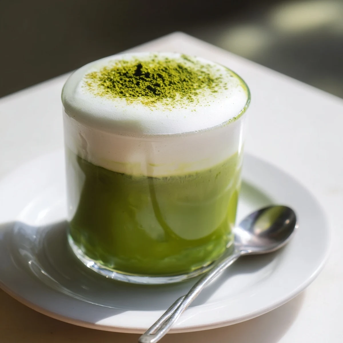 Vibrant green matcha latte topped with foamy, sweet milk; a delightful, energizing beverage.