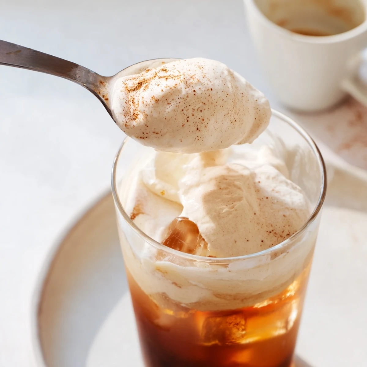 Homemade Iced Chai with cold foam, overflowing in a tall glass, promises a creamy, spiced delight.
