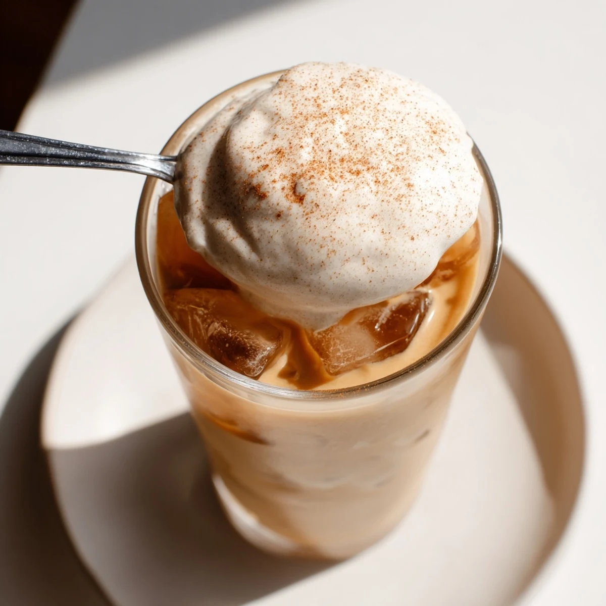 A close-up of iced chai reveals a layer of frothy cold foam, perfect for a refreshing treat.