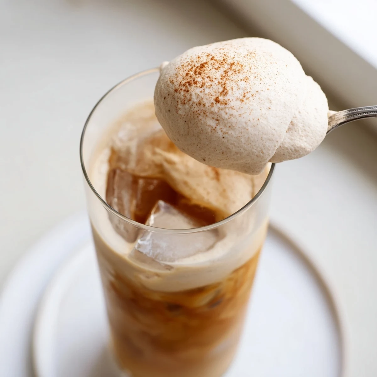 The creamy, spiced Homemade Iced Chai, dusted with cinnamon, is a beautiful cafe-style beverage.