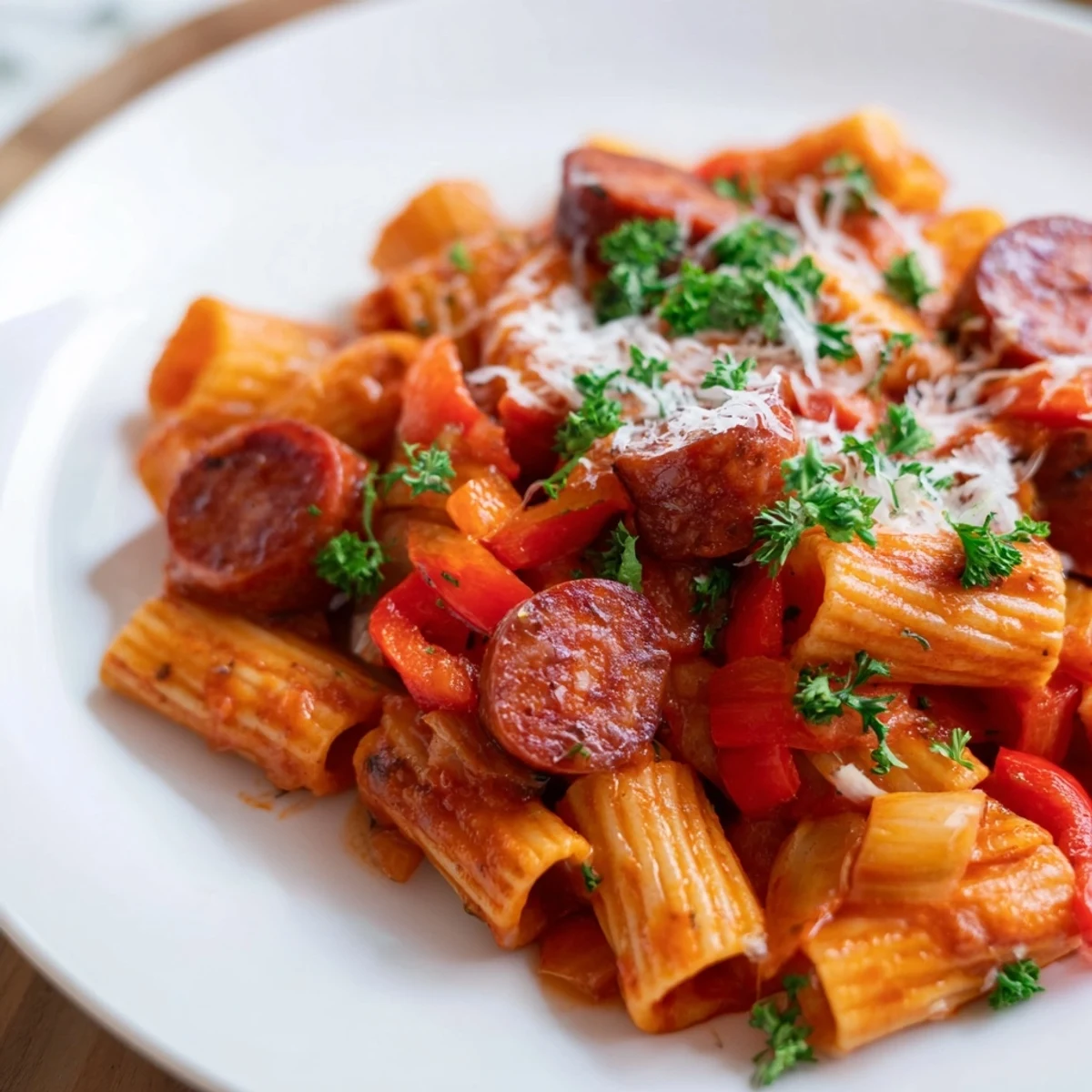 A close-up shot of steaming Spanish Chorizo Pasta, garnished with fresh parsley and cheese.